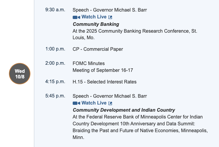 US Fed calendar for October 8, 2025: Source: federalreserve.gov 